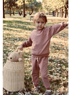 Cigit Basic Karyoka Detaylı Sweatshirt Takım 3-8 Yaş Pudra Pembe