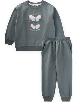Cigit Kelebek Baskılı Sweatshirt Takım Çağla Yeşili