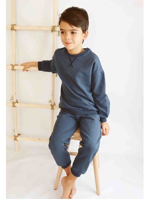 Cigit Basıc Karyoka Detaylı Sweatshirt Takım 3-8 Yaş lacivert
