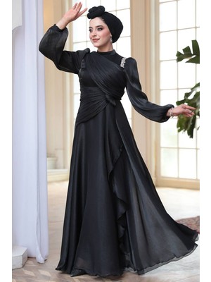 Drape Detaylı Siyah Tesettür Abiye Elbise 51641S