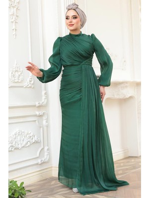 Drape Detaylı Yeşil Tesettür Abiye Elbise 52585Y