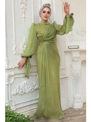 Drape Detaylı Çağla Yeşili Tesettür Abiye Elbise 52285CY