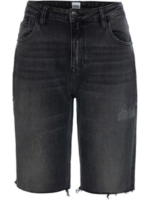 Mom Fit Kesik Paça Antrasit Uzun Kadın Jean Şort