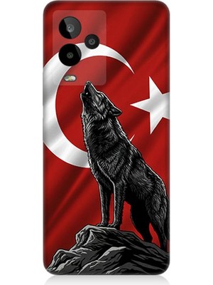 General Mobile Gm 24 Pro Uyumlu Bayrak Önünde Uluyan Kurt  Desenli Silikon Kılıf