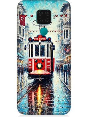 Huawei Mate 30 Lite Uyumlu Yağmurlu Sokakta Kırmızı Tramvay  Desenli Silikon Kılıf