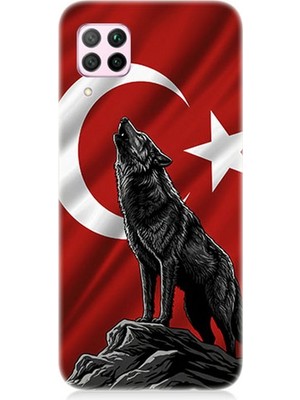 Huawei P40 Lite Uyumlu Bayrak Önünde Uluyan Kurt  Desenli Silikon Kılıf