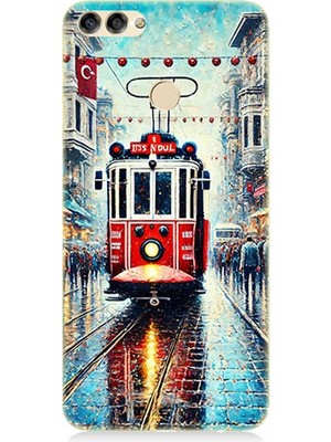 Huawei P Smart Uyumlu Yağmurlu Sokakta Kırmızı Tramvay  Desenli Silikon Kılıf