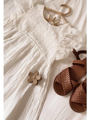 Cigit Yaprak Desen Tül Garnili Müslin Elbise Ekru