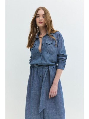 Oversize Fit Kuşaklı Chambray Orta Indigo Midi Jean Elbise