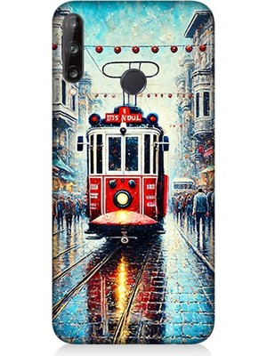 Huawei P40 Lite E Uyumlu Yağmurlu Sokakta Kırmızı Tramvay  Desenli Silikon Kılıf