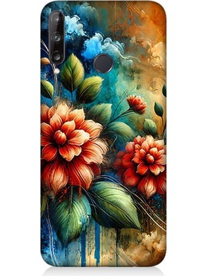 Huawei P40 Lite E Uyumlu Kırmızı Çiçek ve Tomurcuklar  Desenli Silikon Kılıf