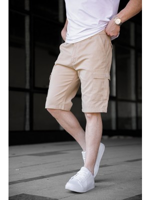 Bej Renk Kargo Cepli Gabardin Erkek Şort