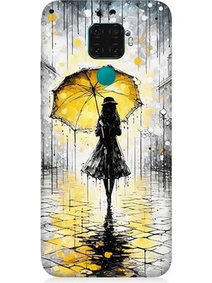 Huawei Mate 30 Lite Uyumlu Yağmurda Sarı Şemsiye Altında  Desenli Silikon Kılıf