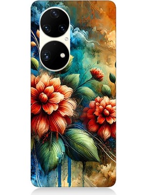 Huawei P50 Pro Uyumlu Kırmızı Çiçek ve Tomurcuklar  Desenli Silikon Kılıf