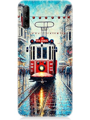 Huawei P Smart Pro Uyumlu Yağmurlu Sokakta Kırmızı Tramvay  Desenli Silikon Kılıf