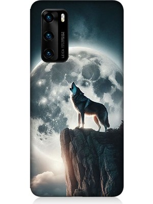 Huawei P40 Uyumlu Dolunayda Uluyan Kurt  Desenli Silikon Kılıf