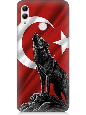 Huawei Honor 10 Lite Uyumlu Bayrak Önünde Uluyan Kurt  Desenli Silikon Kılıf