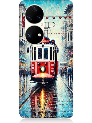 Huawei P50 Pro Uyumlu Yağmurlu Sokakta Kırmızı Tramvay  Desenli Silikon Kılıf