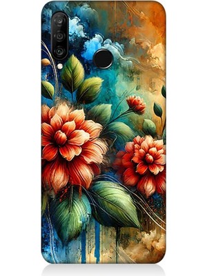 Huawei P30 Lite Uyumlu Kırmızı Çiçek ve Tomurcuklar  Desenli Silikon Kılıf