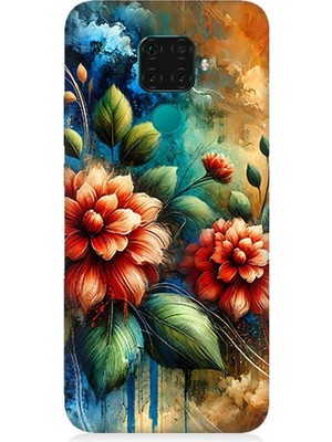 Huawei Mate 30 Lite Uyumlu Kırmızı Çiçek ve Tomurcuklar  Desenli Silikon Kılıf