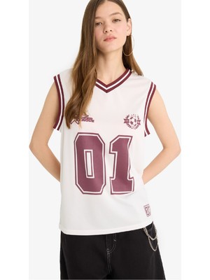 DeFacto Oversize Geniş Kalıp Baskılı V Yaka Forma Kumaşı Atlet F7855AX25HS