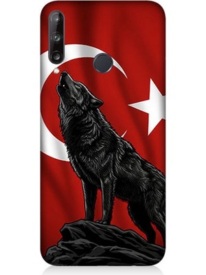 Huawei P40 Lite E Uyumlu Ay Yıldızlı Uluyan Kurt  Desenli Silikon Kılıf