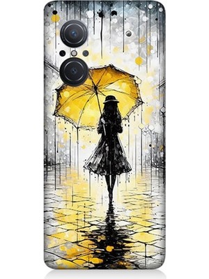Huawei Nova 9 Se Uyumlu Yağmurda Sarı Şemsiye Altında  Desenli Silikon Kılıf