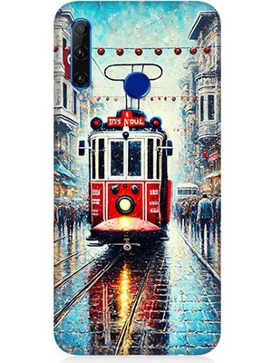 Huawei Honor 20 Lite Uyumlu Yağmurlu Sokakta Kırmızı Tramvay  Desenli Silikon Kılıf