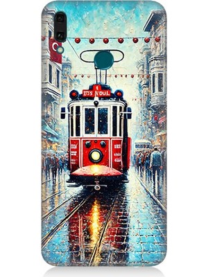 Huawei Y9 2019 Uyumlu Yağmurlu Sokakta Kırmızı Tramvay  Desenli Silikon Kılıf