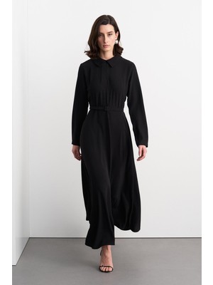 Kemerli Çan Uzun Elbise Siyah