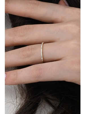 Gümüş Altın Yaldızlı Yarım Tur Zirkon Taşlı Thin Yüzük