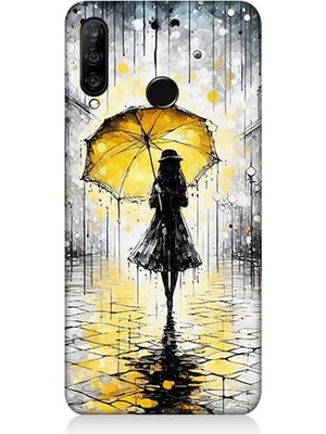 Huawei P30 Lite Uyumlu Yağmurda Sarı Şemsiye Altında  Desenli Silikon Kılıf