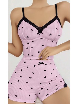 Pembe Kalp Desenli Askılı Şortlu Pijama Takım
