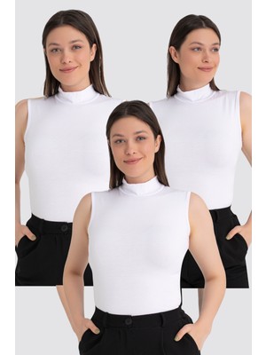 Kadın Beyaz Balıkçı Yaka Kolsuz Body 3'lü Paket