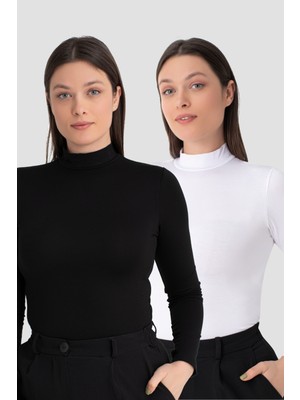 Kadın Beyaz - Siyah Balıkçı Yaka Uzun Kollu Body 2'li Paket