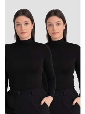Kadın Siyah Balıkçı Yaka Uzun Kollu Body 2'li Paket
