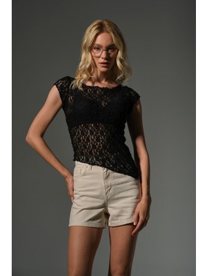  Asimetrik Esnek Transparan Ütü Gerektirmez Dantel Bluz Lace Kadın Kısa Kol Body