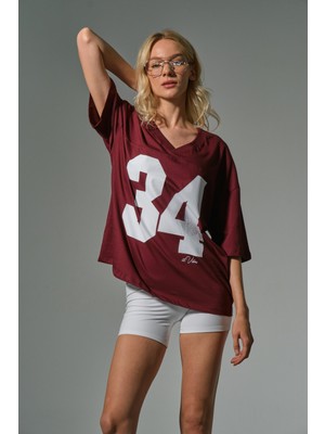 34 Futbol Baskılı Kolej %100 Pamuk Penye Rahat Kesim Kadın Tişört @avila