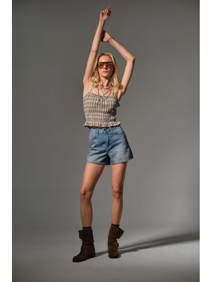 Kadın Mini Jean Şort, Yüksek Bel, Fermuarlı, 5 Cep %100 Pamuk  Denim Kot @potenza