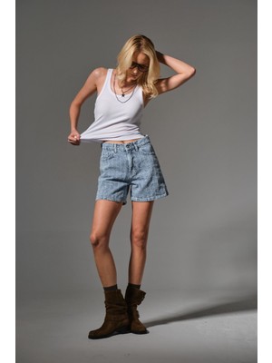 Kadın Punch Şort  Yüksek Bel Fermuarlı Cut Bukle Efekt Crafted Denim Kot Kısa Rahat @faenza