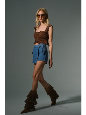 %100 Pamuk Cepli D Toka Detaylı Şort Etek Indigo Denim Kadın Skort
