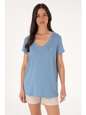 U.S. Polo Assn. Kadın Mavi V Yaka Basic Tişört 50300829-VR036