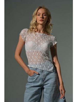  Asimetrik Esnek Transparan Ütü Gerektirmez Dantel Bluz Lace Kadın Kısa Kol Body