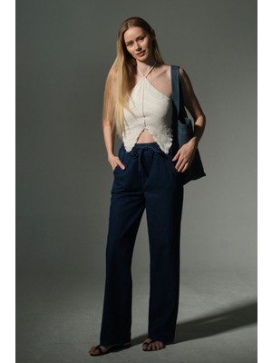 Lastikli Bel, Rahat Kesim, %100 Pamuk Jean Kadın Palazzo Pantolon @aveiro
