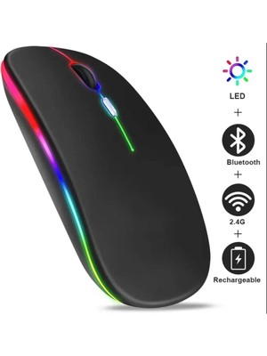 Plentiful Renkli Işıklı Şarjlı Kablosuz Mouse 2.4g ve Bluetooth Destekli Mouse Ultra Sessiz Siyah