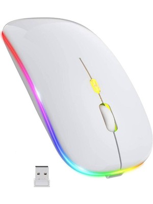 Plentiful Renkli Işıklı Şarjlı Kablosuz Mouse 2.4g ve Bluetooth Destekli Mouse Ultra Sessiz Beyaz