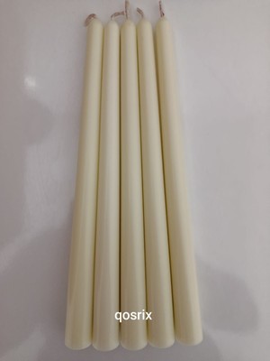 Qosrix 5'li Açık Krem Şamdan Soya Mumu Soya Doğal Pudra Kokulu Uzun Çubuk Konik Mum Dekoratif