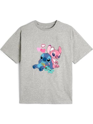 Maki Homekaliteli Penye Kız Çocuk Baskılı Gri Tshirt 5 6 7 8 9 10 11 12 13 14 Yaş Lilo Stitch 1