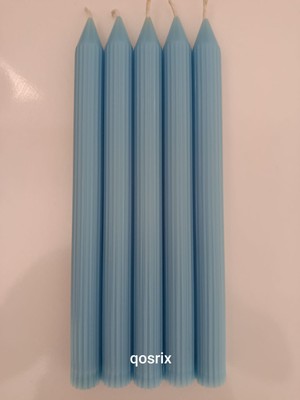 Qosrix 5'li Açık Mavi Şamdan Soya Mumu Soya Doğal Pudra Kokulu Uzun Çubuk Konik Mum Dekoratif