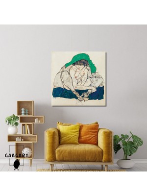 Kare Kanvas Tablo Ünlü Eserler Egon Schiele Crouching Woman With Green Headscarf